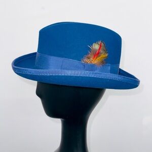 Dorfman Pacific Royal Blue Homburg /Godfather Wool Fedora Ribbon Feather Accent